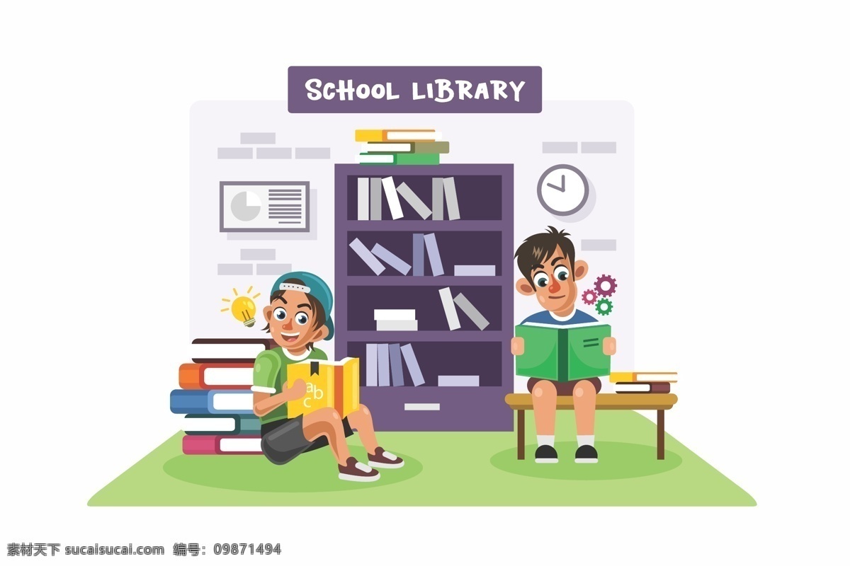 儿童 书店 学习 矢量 书本 教育 学校 矢量素材 书 书架 脑子 闹钟