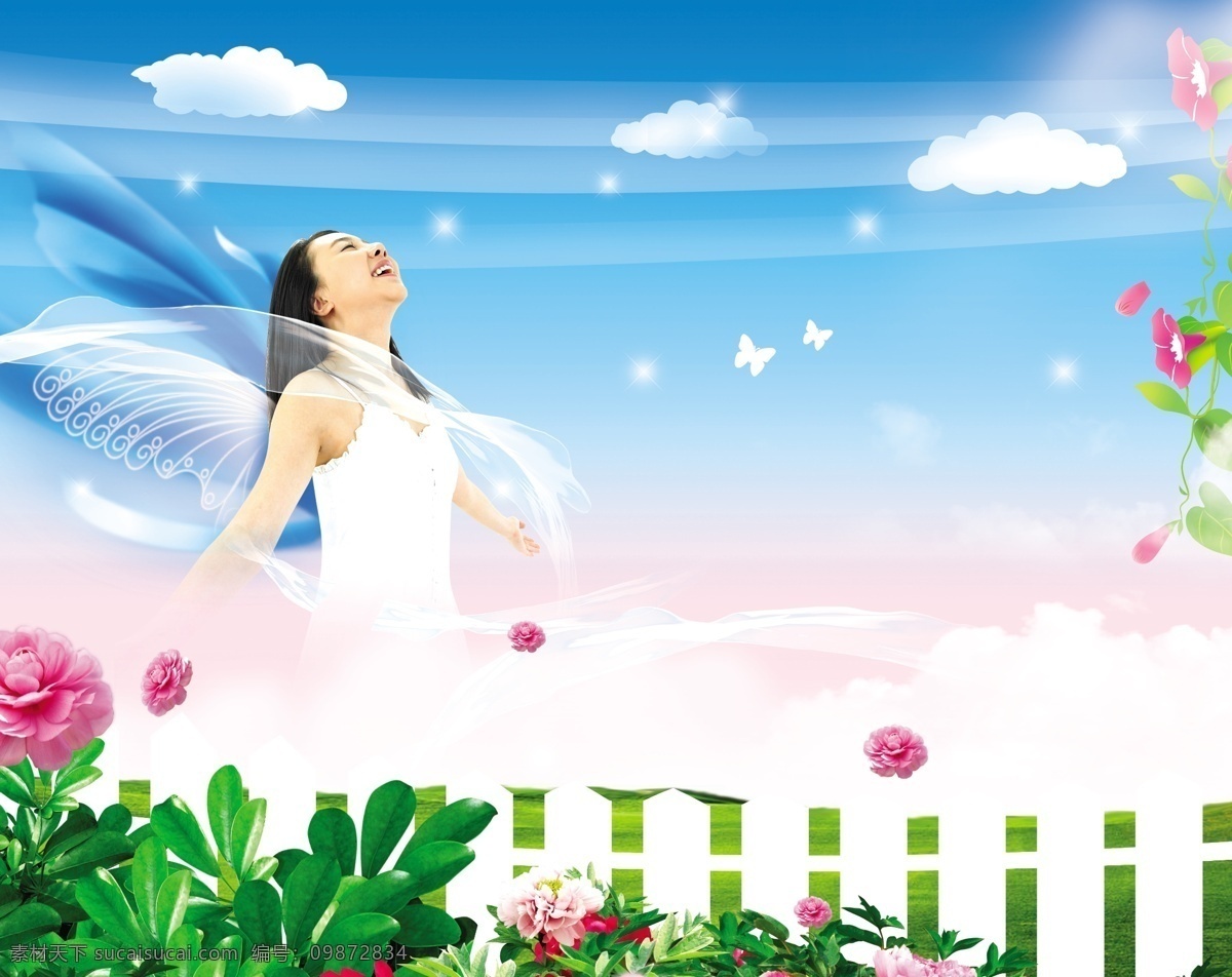 花中仙子 仙女 美女 女性 天使 花 花朵 喇叭花 月季花 茶花 云彩 云 天空 篱笆 栅栏 丝带 叶子 树叶 环境设计 景观设计 源文件库