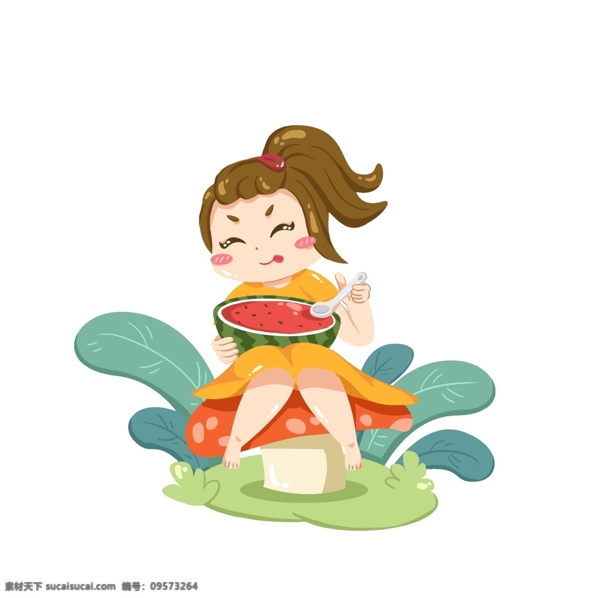 二十四节气 夏至 吃 西瓜 女孩 夏天 草地 可爱 卡通 手绘 晴朗