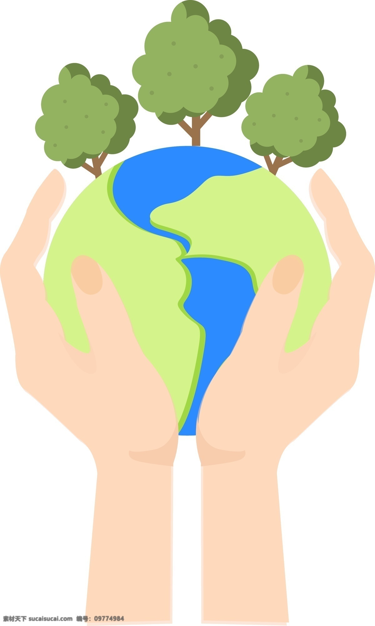 矢量 手绘 树木 地球 手 托 手托地球 双手 绿色的树木 蓝色的地球 肤色的双手 免扣