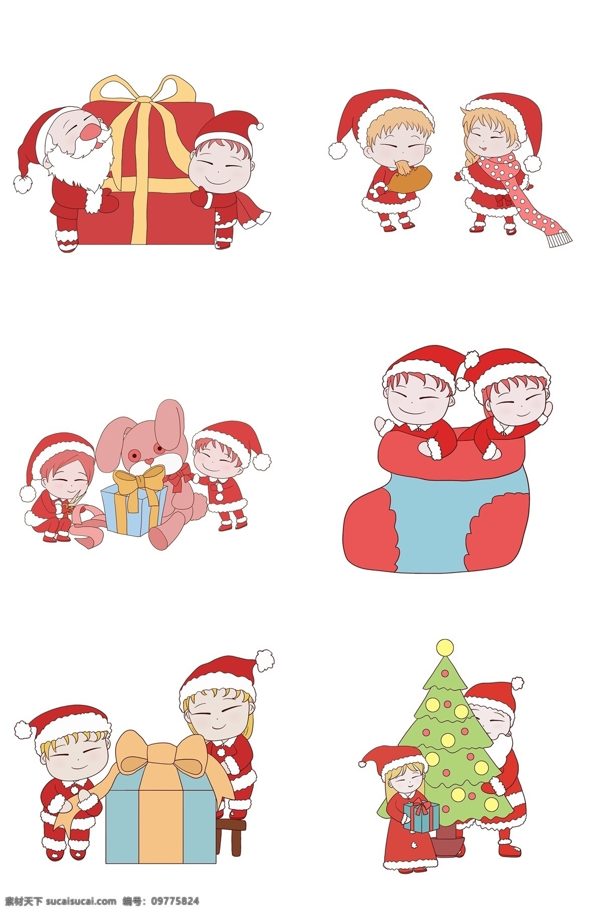 手绘 圣诞节 节日 插画 红色礼品盒 红色 衣服 袜子 红色圣诞节帽 圣诞老人
