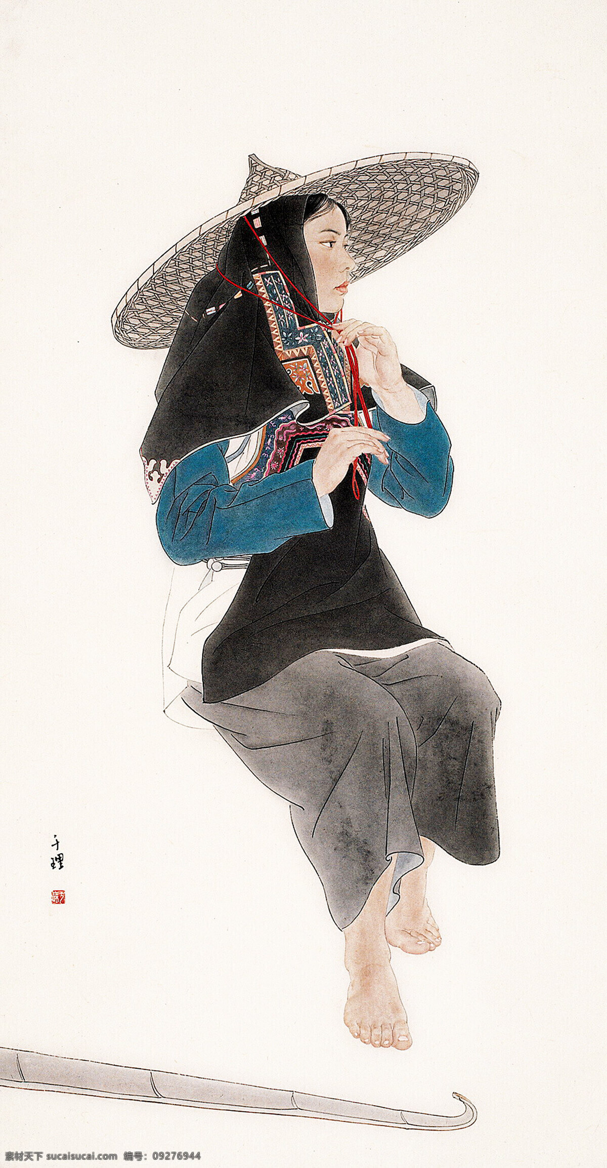 涛声 美术 绘画 国画 工笔人物画 人物 女人 客家女 惠安女 青春 美丽 天生丽质 客家服装 发型 动作 表情 姿势 斗笠 书法 印章 国画集22 绘画书法 文化艺术