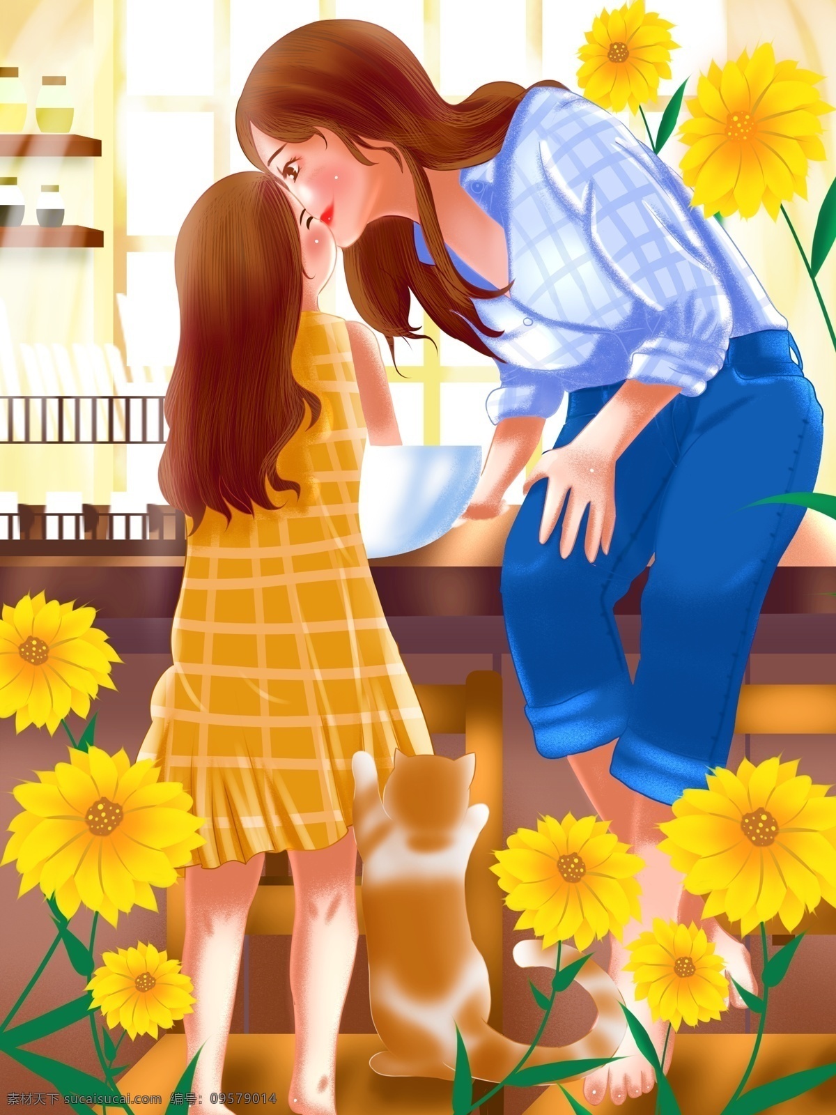 原创 手绘 插画 母亲节 妈妈 女儿 温馨 时光 原创手绘插画 妈妈和女儿 温馨时光 花 窗户 厨房 亲情 温暖 爱