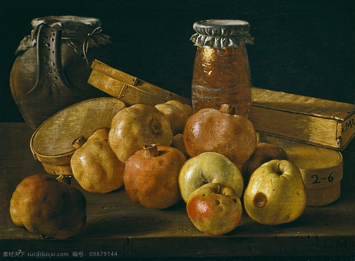 cen of quarter third dulce cajas y tarros manzanas granadas bodegon egidio luis melendez 静物 油画 瓜果 水果 蔬菜 器皿 苹果 印象 画派 写实主义 装饰画 无 框 画 装饰素材