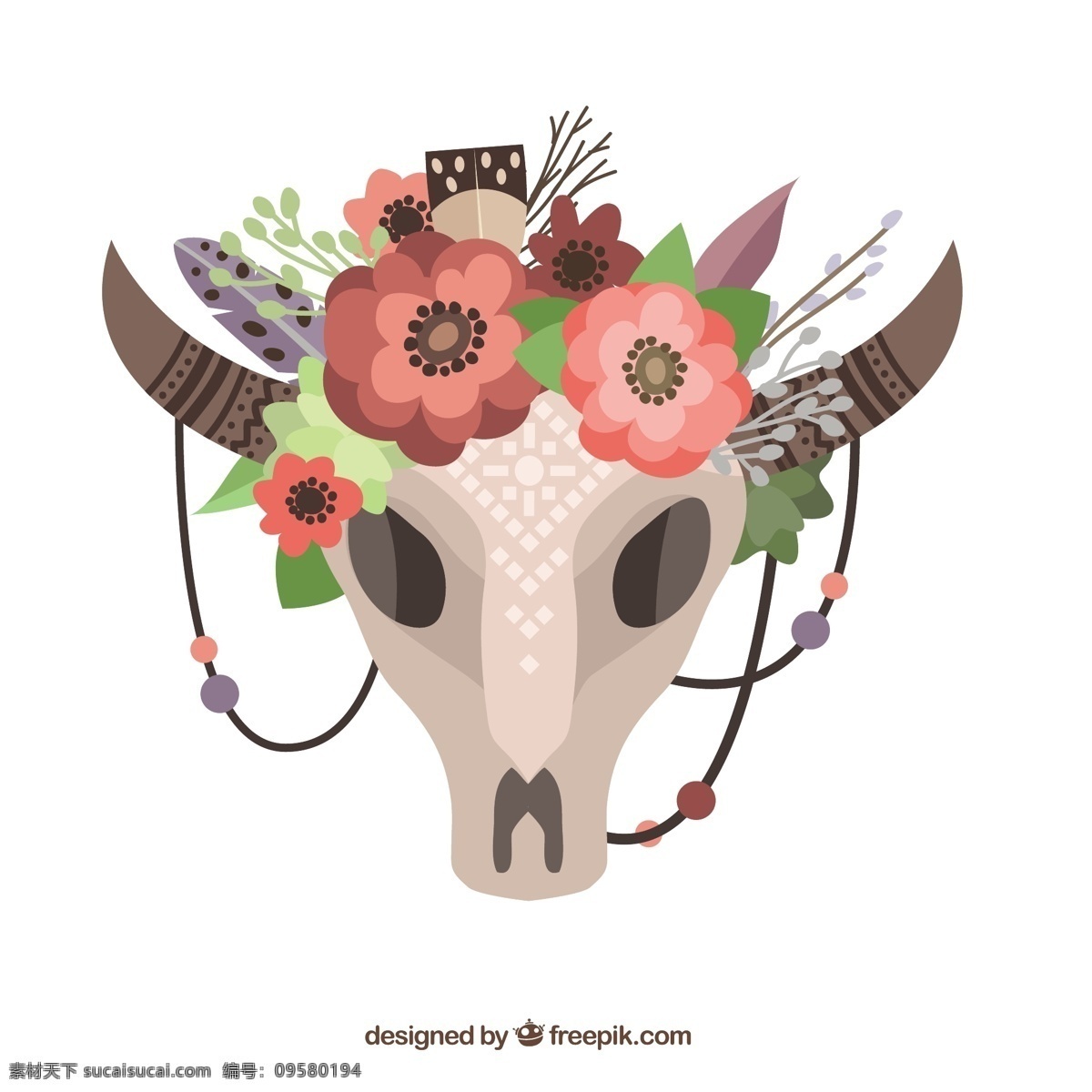 波希米亚 风格 花卉 动物 头骨 背景 花 花的背景 饰品 颜色 羽毛 平 装饰 印度 多彩的背景 民族 花饰 部落