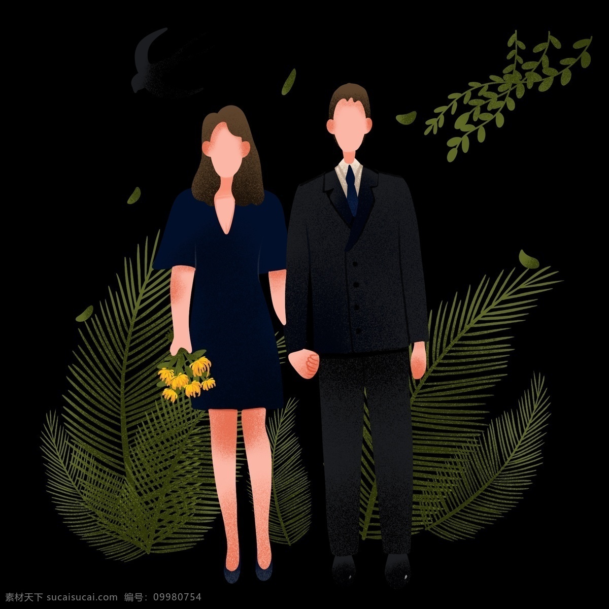 清明节 祭拜 插画 祭拜的夫妻 飞舞的燕子 卡通的插画 清明节插画 清明 上坟 节气 节日