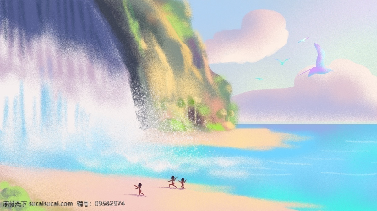 海边 旅游 小 清新 插画 小清新 大海 沙滩 度假 瀑布