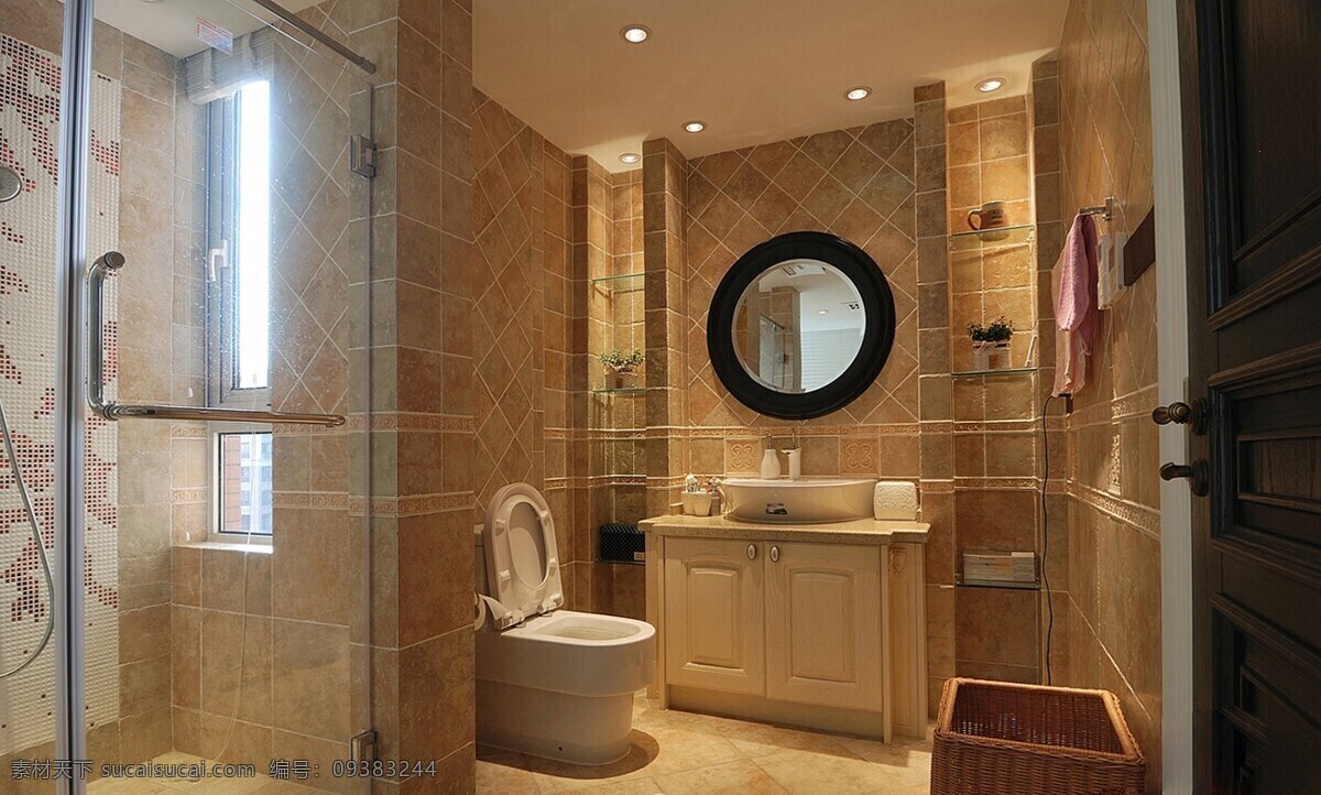 现代 卫生间 黄褐色 背景 墙 室内装修 效果图 卫生间在想 瓷砖背景墙 瓷砖地板 玻璃隔断