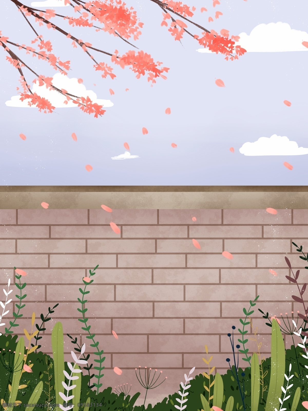 优雅 唯美 墙 外 樱花 水墨 插画 背景 广告背景 手绘背景 唯美背景 卡通背景 优雅背景 墙外樱花 水墨插画