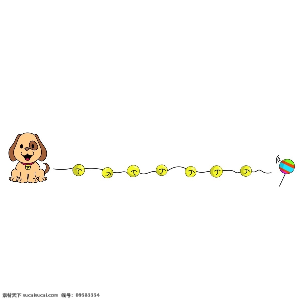 手绘 小狗 分割线 插画 可爱的小狗 金色的铃铛 卡通插画 小物分割线 美味的棒棒糖