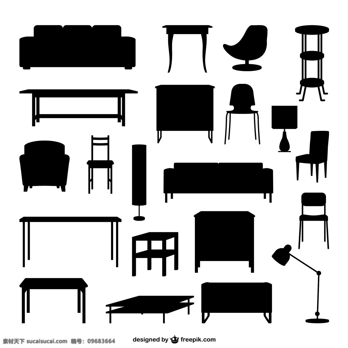 家具剪影矢量 背景 插画 茶几 凳子 柜子 环境设计 家居 家居设计 家具 沙发 休闲椅 台灯 椅子 剪影 海报 经典实用 家居装饰素材