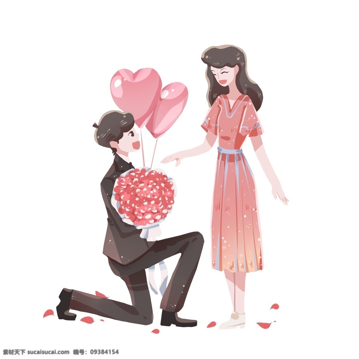 情人节 求婚 人物 插画 红色的桃心 红色的玫瑰花 漂亮的小女孩 恩爱的情侣 求婚的情侣
