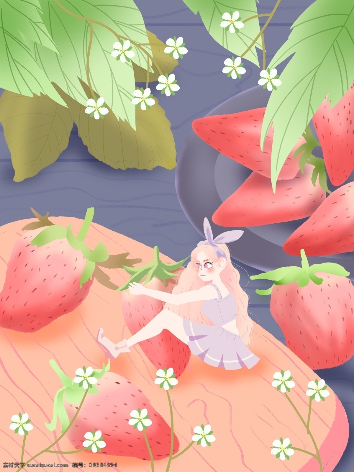 原创 小 清新 插画 抱 草莓 女孩 桌子 盘子 海报 抱抱 案板 吃草莓