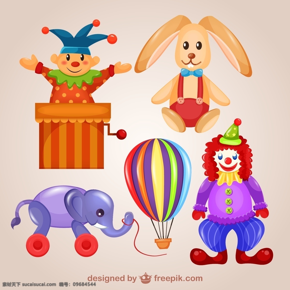 卡通 玩具 小丑 惊喜盒子 长耳兔子 大象 热气球 矢量 高清图片