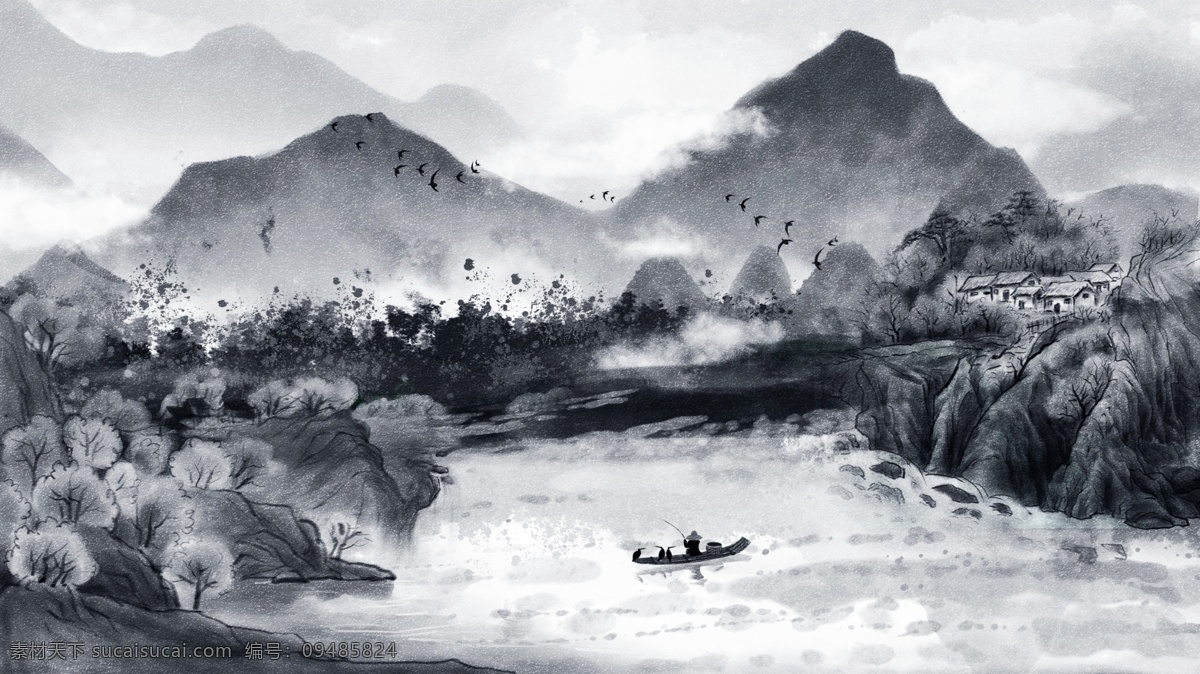 复古 中国 风 水墨画 古风 风景画 唯美 水墨 插画 中国风 壁纸 手机配图 电商用途