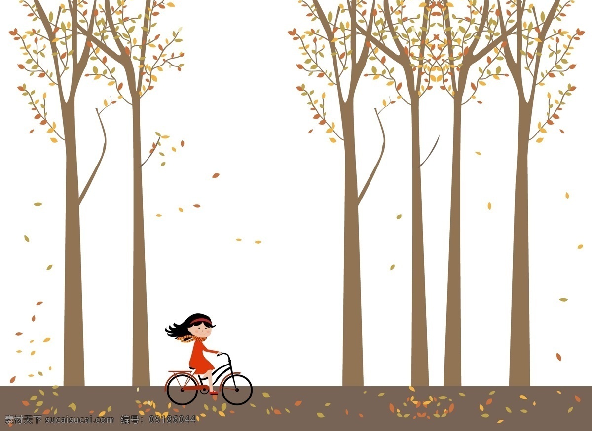 卡通 风格 小女孩 骑 自行车 骑自行车 卡通风格 背景 女孩 秋天 秋季 手绘 插画