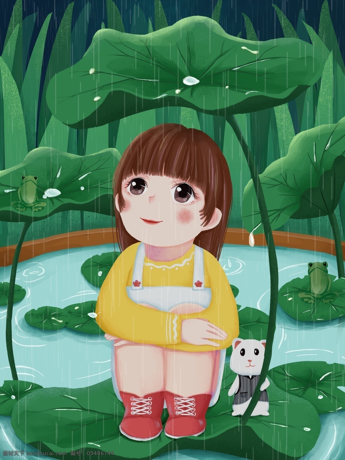 五月 池塘 仓鼠 举 荷叶 小女孩 遮 雨 肌理 插画 初夏 夜晚