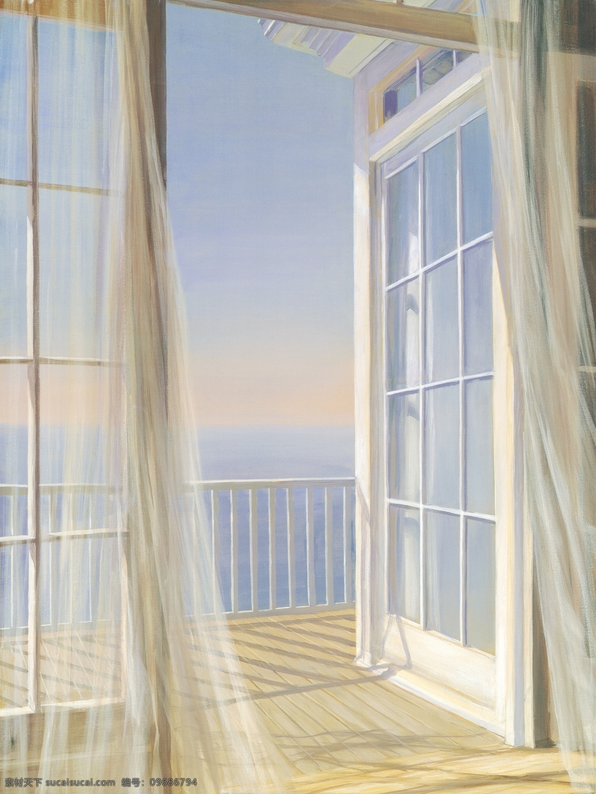 油画风景 海边风景 窗外海景 地中海风景 窗子 窗帘 阳台 绘画书法 文化艺术