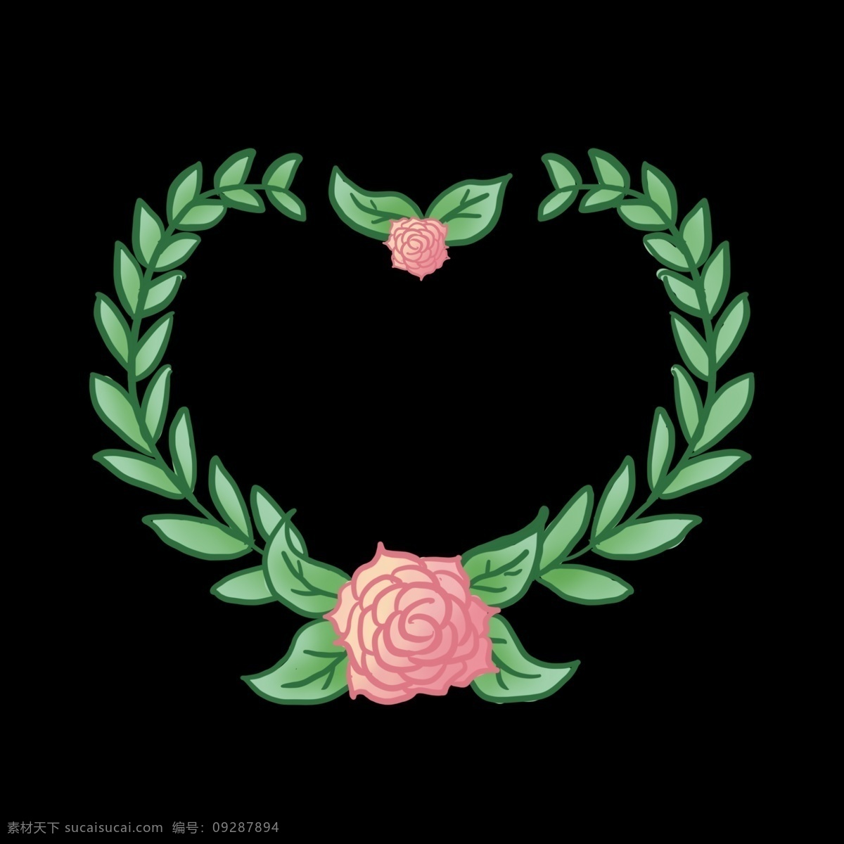 情人节 树叶 边框 插画 粉色 玫瑰花 漂亮 手绘树叶边框 卡通树叶边框 可爱