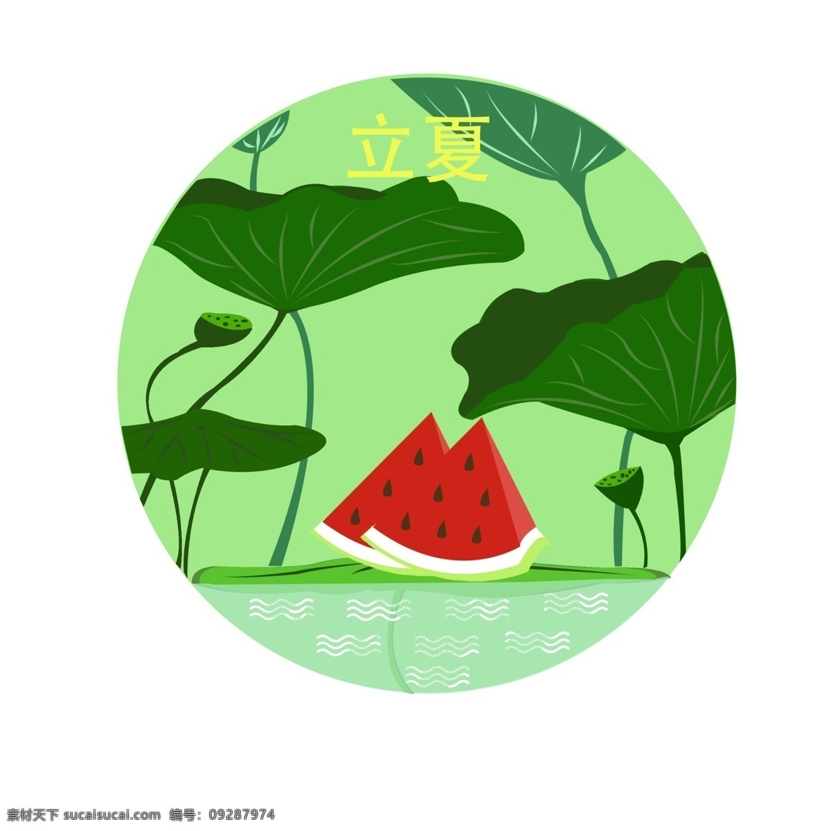 手绘 立夏 荷塘 西瓜 插图 手绘插图 立夏的景色 立夏的美景 池塘 荷花 金鱼 美景插画