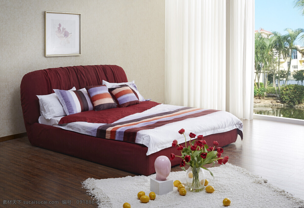 红色床 室内效果图 饰品设计 床品 地毯 软床场景图 白色