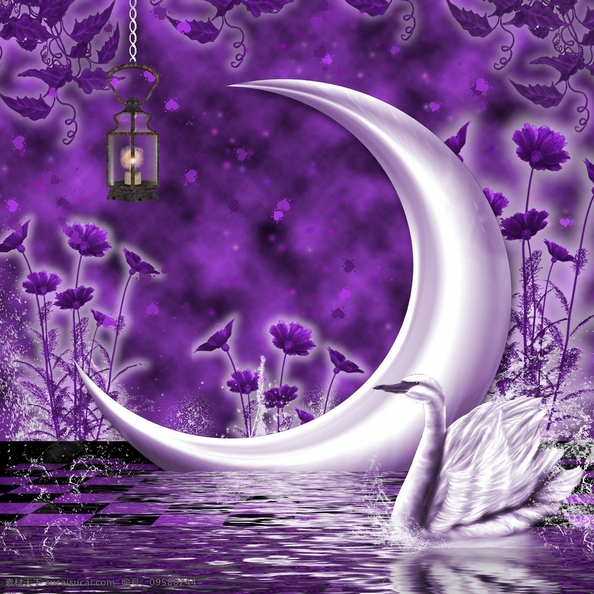 紫色 梦幻 动画 背景 紫色梦幻 动画背景 漫画背景 天鹅 月亮 紫色花纹背景 山水风景 风景图片