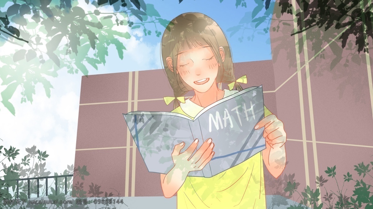 清新 简约 开学 季 户外 书本 看书 小女孩 学生 课本 阅读 开学季