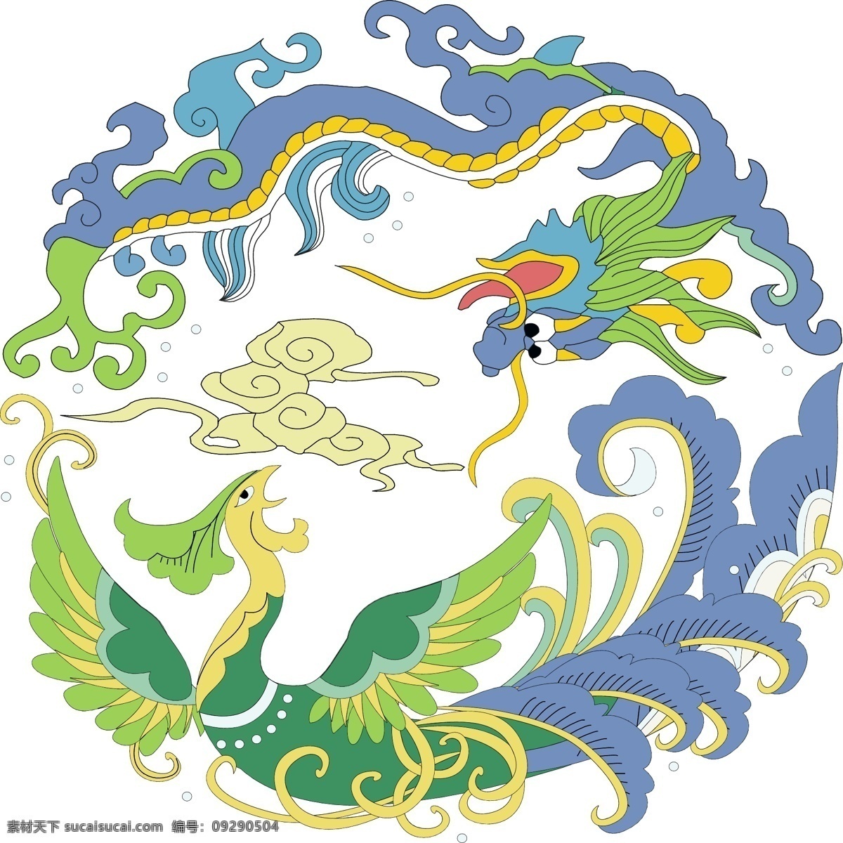 龙戏凤图案 绿色凤凰 蓝色雨龙 祥云 中国 传统 龙凤 图案 传统文化 文化艺术 矢量