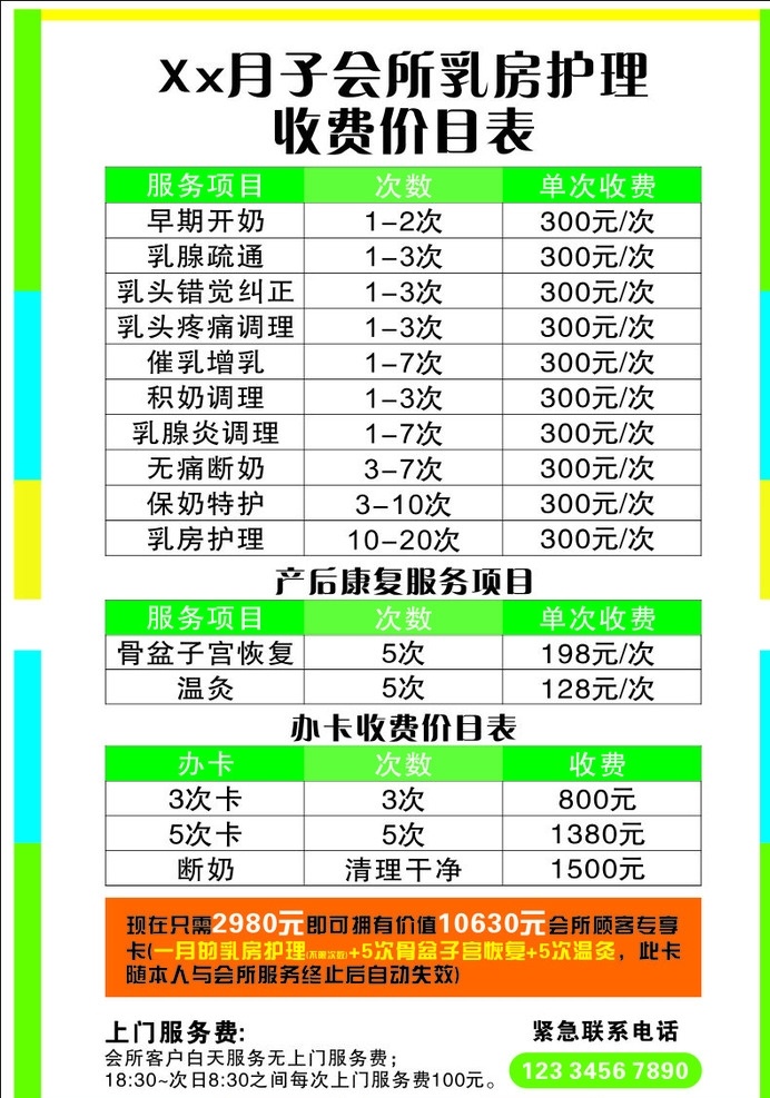 月子 会所 乳房 护理 收费 价目表 月子会所 矢量图