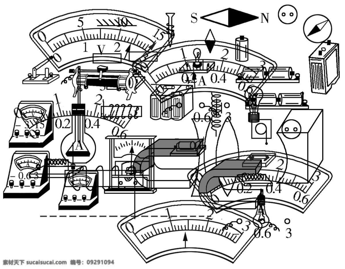 物理 电压表 电流表 开关 灯泡 电池 电池组 电流表盘 电压表盘 开关简图 灯泡实物图 电源 凹凸镜 电磁铁 教辅图 源文件