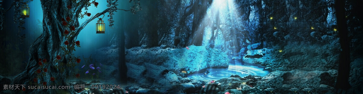 唯美 森林 大树 banner 背景 蓝色