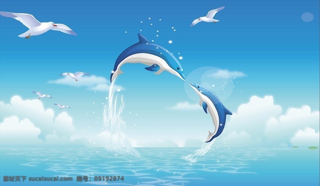 蓝天 白云 海豚 心 型 海鸥 蓝天大海 心型海豚 蓝天白云 大海 海景 现代立体花卉 分层
