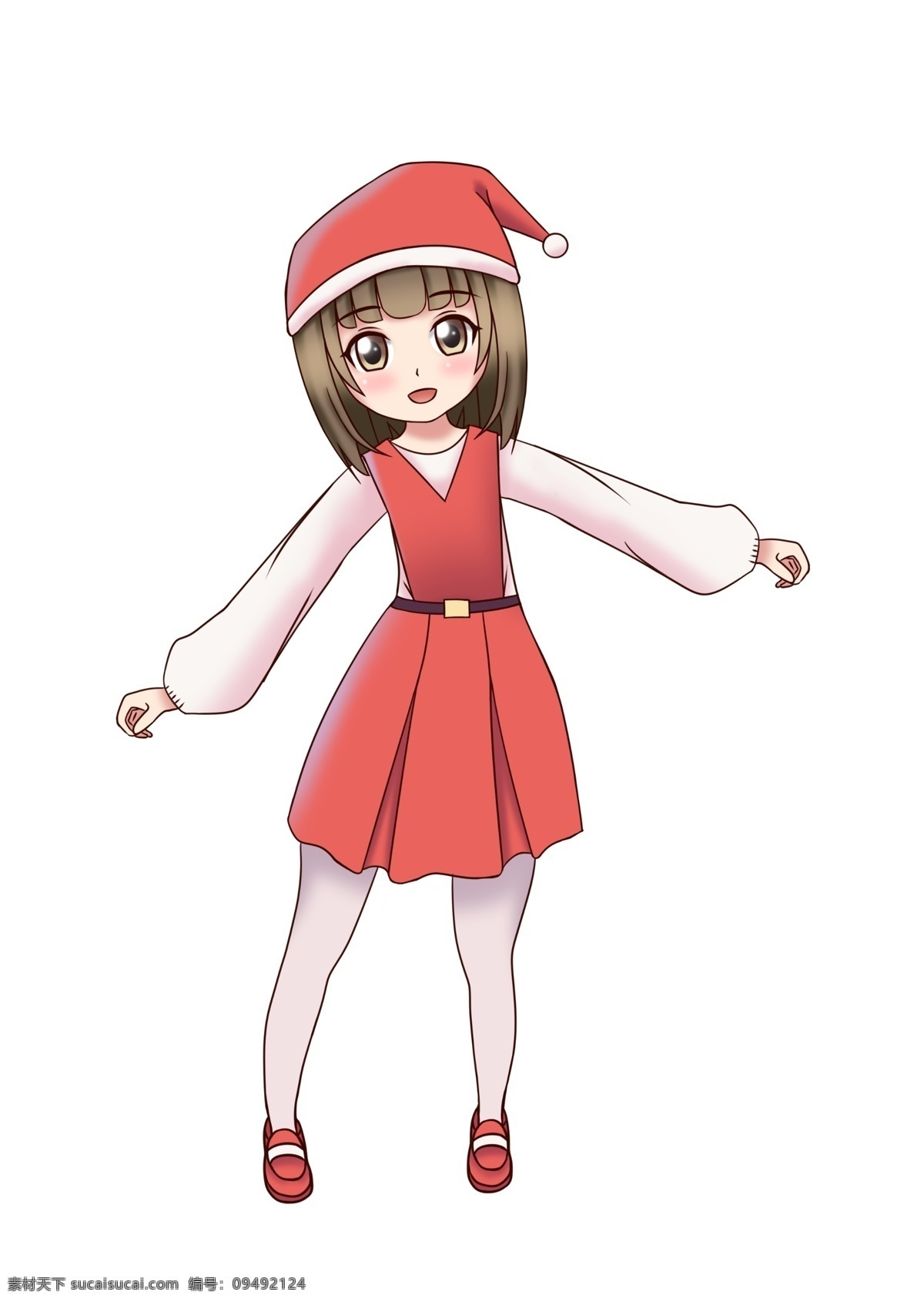 可爱 少女 圣诞 装扮 圣诞帽 圣诞节 圣诞夜 大眼睛 日系 卡通 手绘 免抠 红色 连衣裙