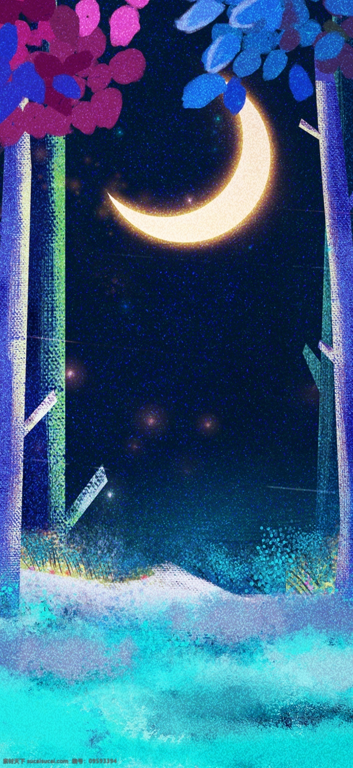 彩色 唯美 手绘 星空 树林 背景 图 唯美背景 月亮 背景素材 卡通背景 手绘背景 星空背景 夜空背景 广告背景 psd背景 背景展板