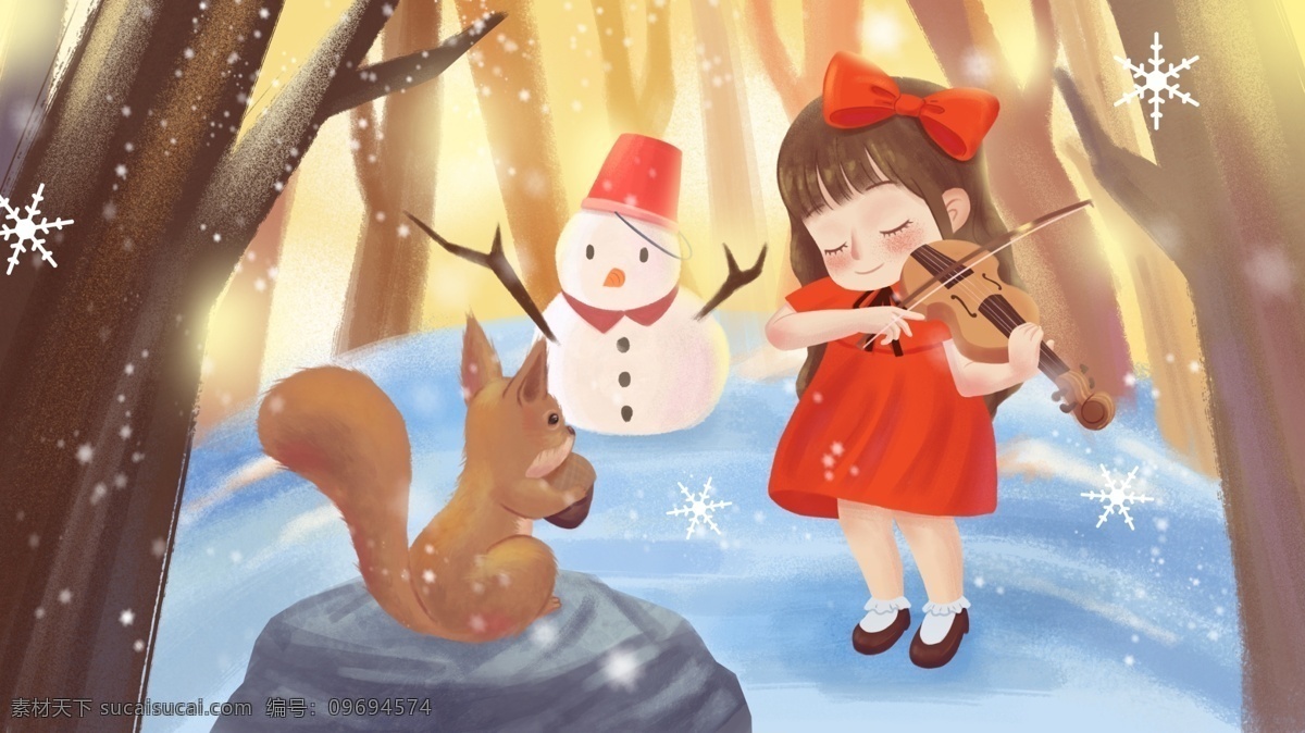 治愈 系 暖色调 冬天 女孩 森林 拉 小提琴 唯美 雪景 雪地 下雪 暖阳 治愈系 小女孩 松鼠 雪人