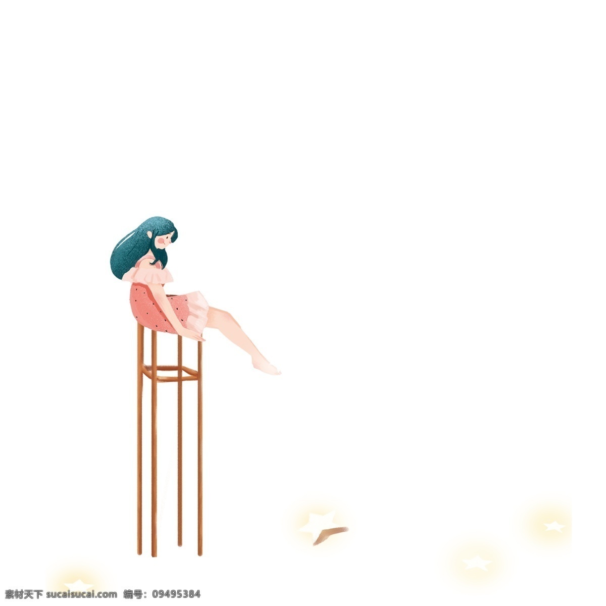 坐在 凳子 上 女孩 插画 卡通