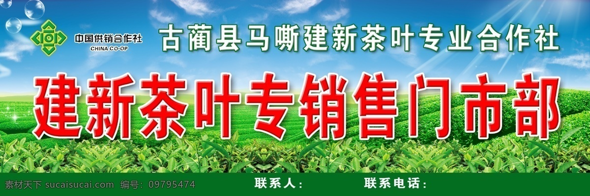 茶叶销售招牌 中国 供销 合作社 标志 建新 茶叶 专销门市 蓝天白云 茶场 茶 门头 广告设计模板 源文件
