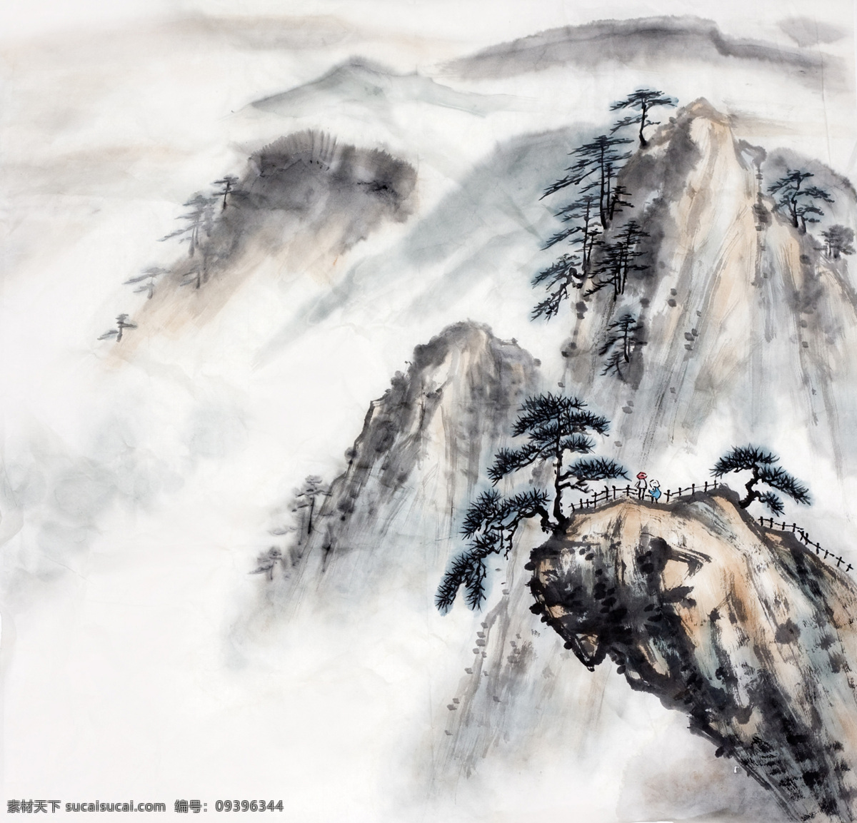 山水画 国画 古松 人物 对弈 上水 高山 松树 瀑布 流水 绘画书法 文化艺术 陡峭的高峰