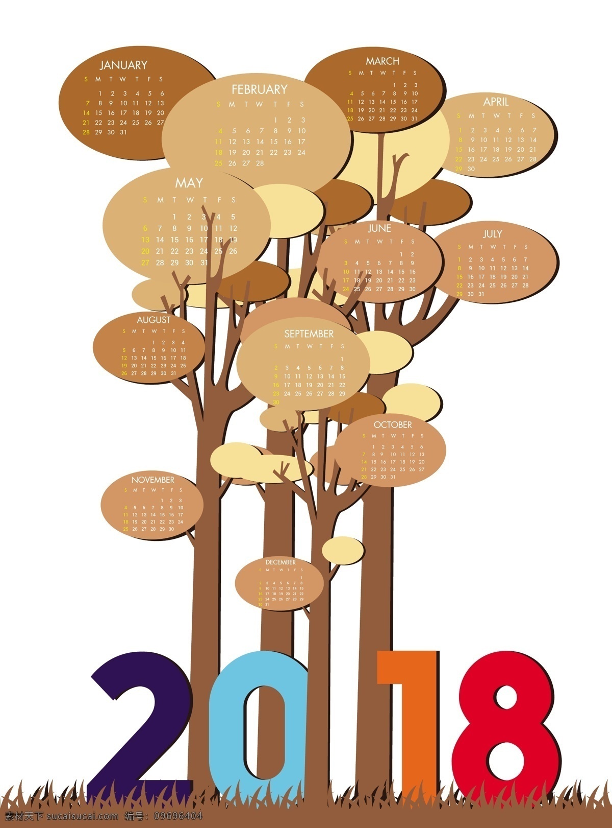 树林 花草 信息 黄历 矢量 日历 矢量素材 树 图框 花 2018 新年