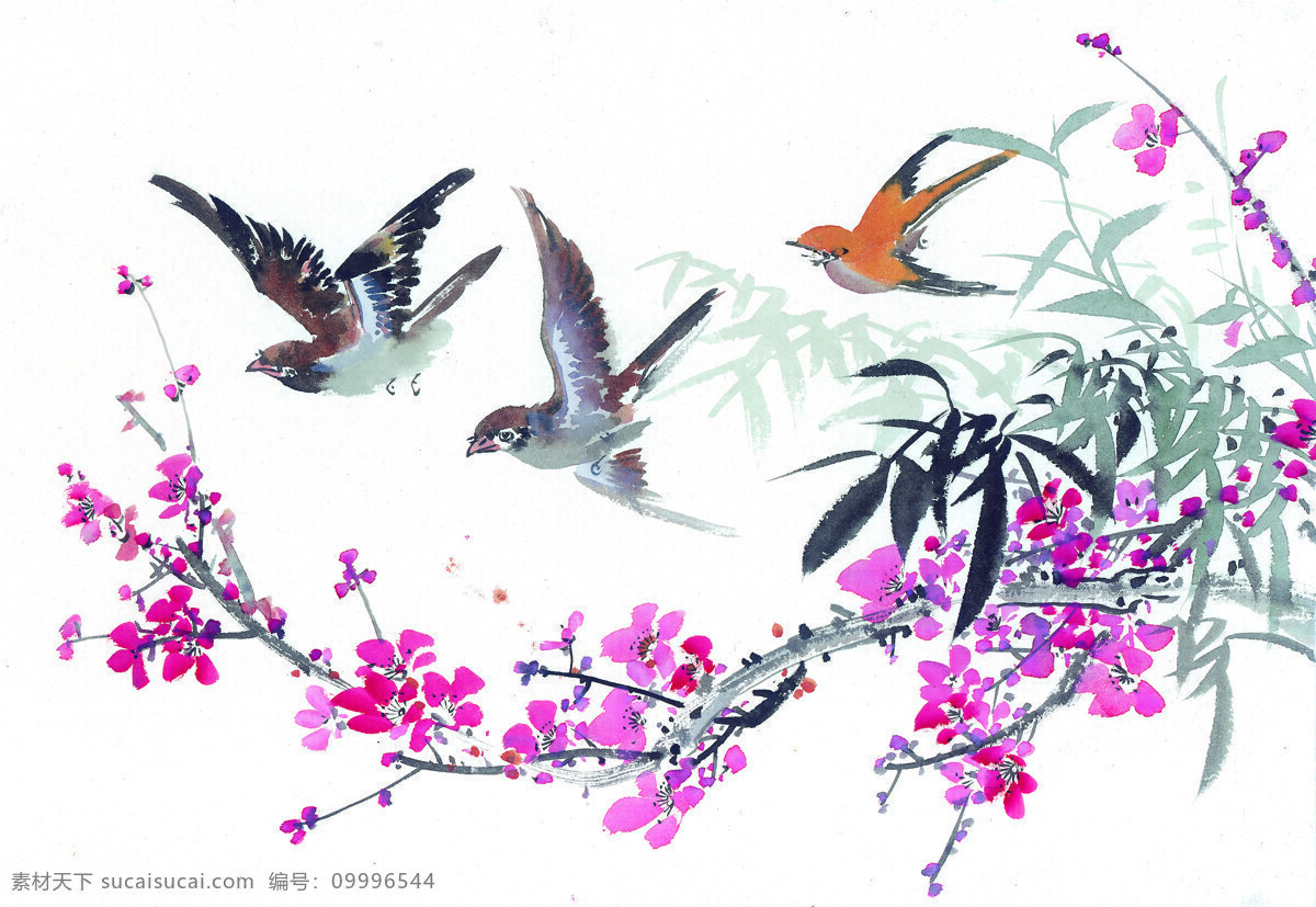 动物免费下载 动物 花丛 喜鹊 小鸟 油墨画 中华艺术绘画 文化艺术