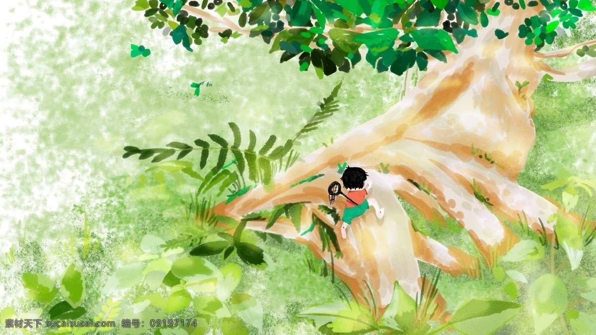 手绘 树下 乘凉 丛林 探险 治愈 插画 树叶 小孩 卡通 装饰画 壁纸 树荫下 抓 爬树 q版 小草 草丛 落叶 夏天 小暑 大暑 冒险 夏令营 调皮捣蛋 熊孩子 舒服 仰视 俯视 高大