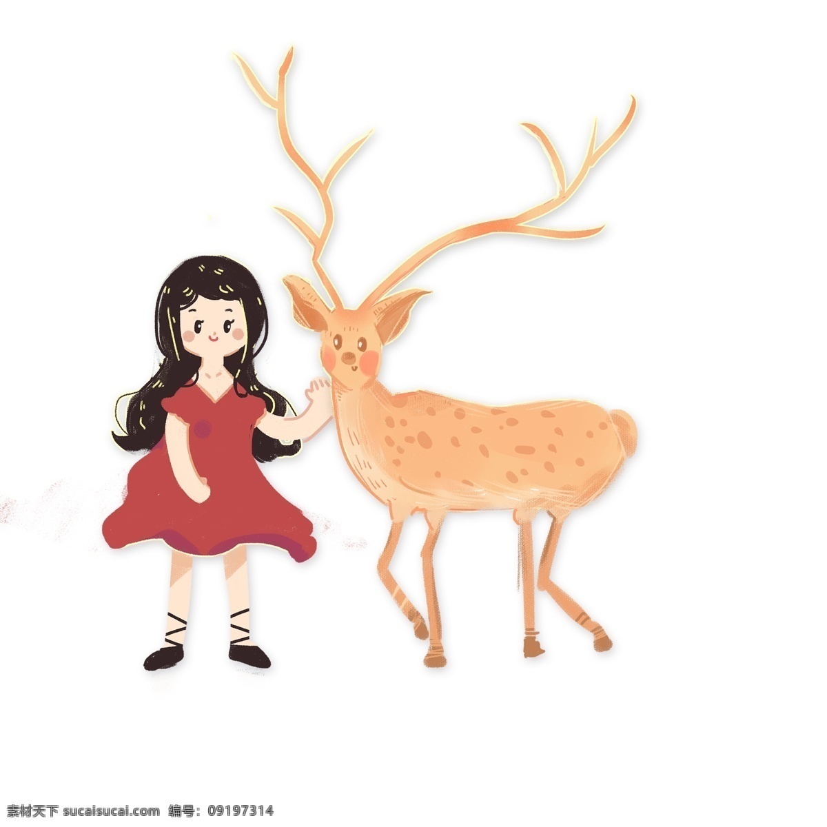 手绘 女孩 麋鹿 梦幻 可爱 插画 猫咪 童话风