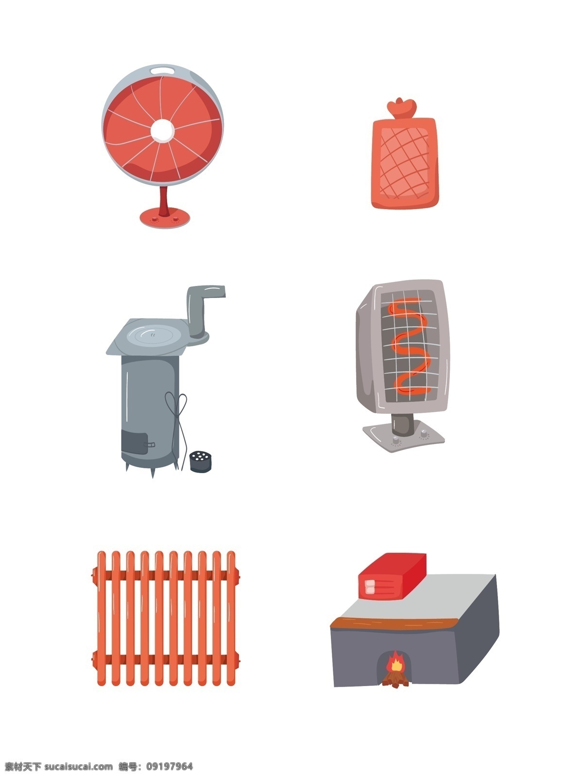矢量 冬季 取暖 元素 套 图 商用 小太阳 暖气 热水袋 烧煤炉子 电暖气 炕