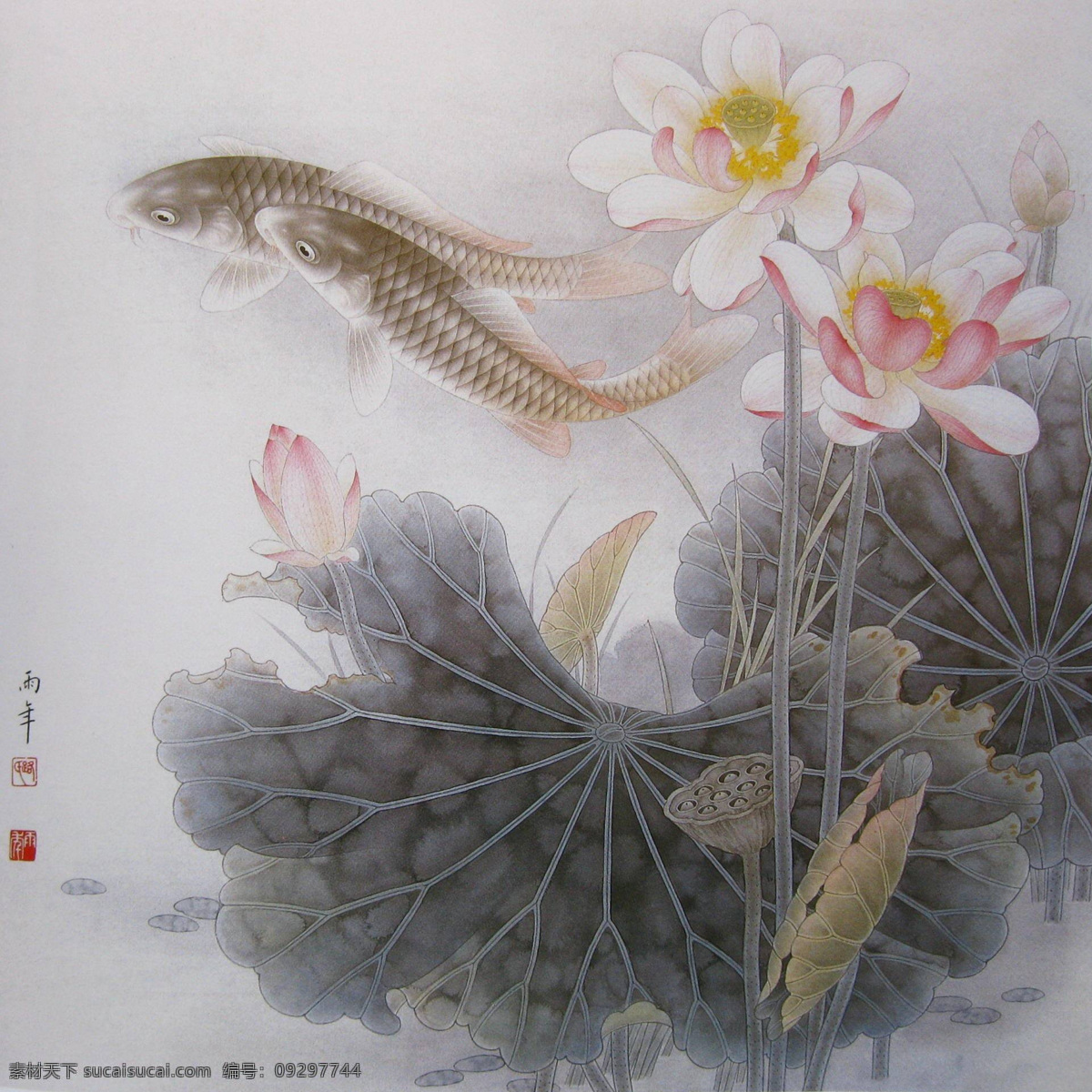 工笔 国画 荷花 鲤鱼 国画荷花鲤鱼 工笔花鸟画 工笔画国画 中国画花鸟 电视背景墙 玄关装饰画 玄关效果图 中国风装饰画 花鸟无框画 文化艺术 绘画书法