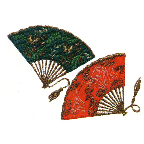 绣花免费下载 服装图案 橘黄色 绿色 扇子 绣花 面料图库 服装设计 图案花型