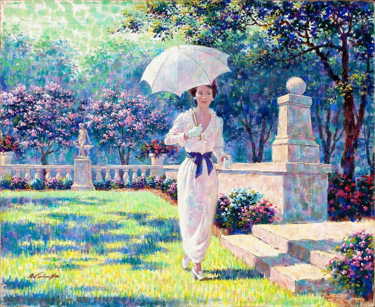 壁画 壁纸 草地 春天 绘画 绘画书法 女人 伞 春天狂想曲 阿瑟 萨隆 萨尔诺夫 狂想曲 油画 鲜花 阳光 石阶 装饰画 西方艺术 当代 商业 唯美 文化艺术 psd源文件