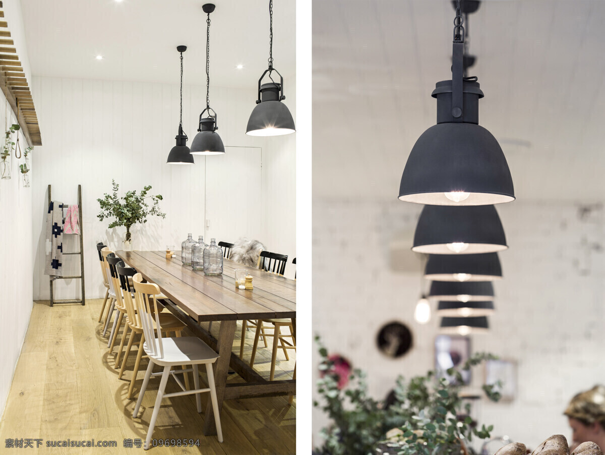 简约 咖啡厅 个性 吊灯 装修 效果图 白色灯光 白色射灯 长方形餐桌 方形吊顶 灰色墙壁 桌椅