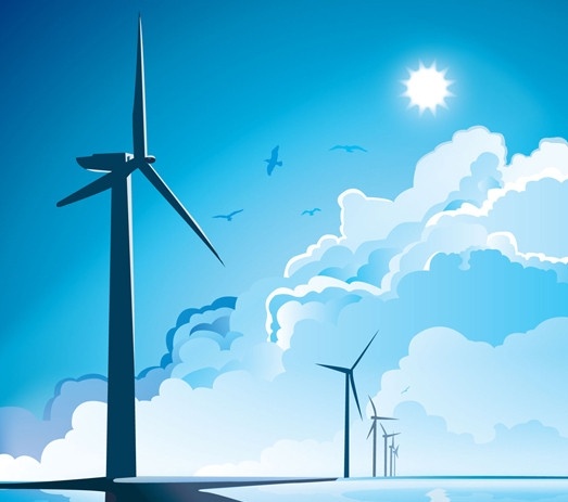 海上风能 风能 发电 绿色能源 云层 风电 风车 太阳 倒影 海鸥 蓝色 环保 矢量素材 其他矢量 矢量