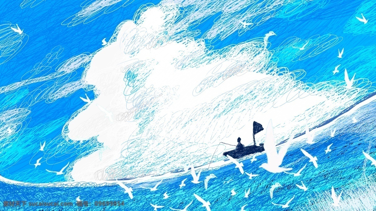 治愈 系 云 下海 鸥 线圈 插画 白云 蓝天 海边 小清新 海鸥 小船 壁纸