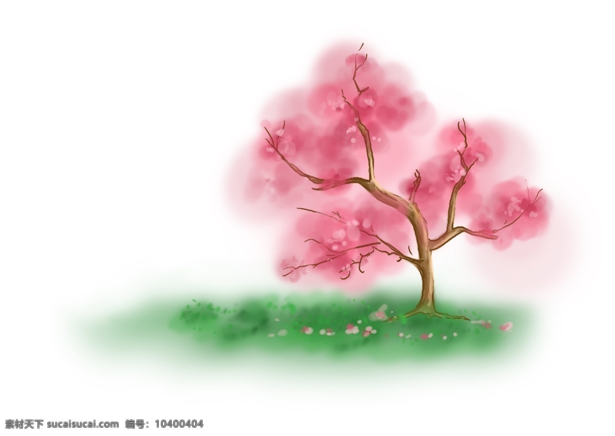 手绘 粉色 桃花 树 草地 上 落花 风景 线条 淡彩 季节 郊外 旅游 花卉 春天 桃树 种植 绿色